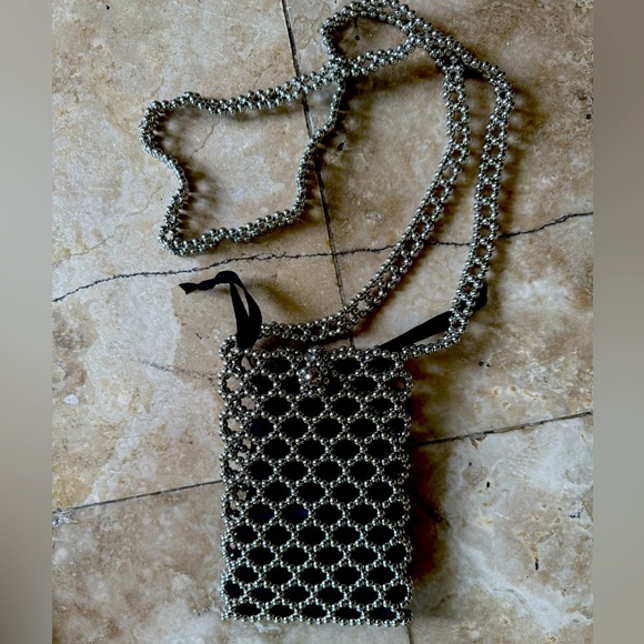 Ladies, black and silver beaded iPhone holder long purse handle top fasten. - Picture 4 of 13